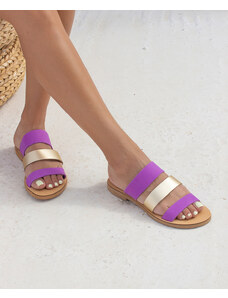 LOVEFASHIONPOINT Sandals Flat Γυναικεία Μωβ-Χρυσά Δερμάτινα