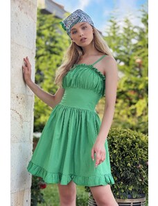 Trend Alaçatı Stili Γυναικείο Πράσινο Ρυθμιζόμενο Λουράκι Frill Λεπτομερές Ποπλίνα Υφαντό Φόρεμα