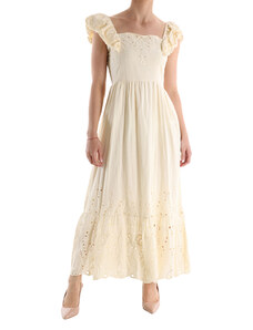 LIKEASTAR Μακρύ βαμβακερό φόρεμα με κέντημα - Κίτρινο παλ