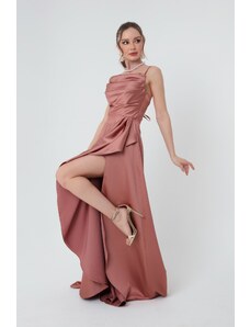 Lafaba Γυναικείο Σολομό Βραδινό Φόρεμα &; Prom Φόρεμα με σχισμή σε σατέν.
