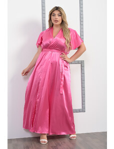 Honey Φόρεμα Maxi Κρουαζέ με Λάστιχο και Ζώνη Φούξια- Plus Size - Plus Size