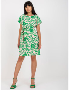 Fashionhunters Μπεζ και πράσινο λινό φλοράλ φόρεμα με γραβάτα
