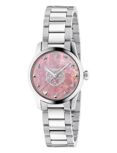 GUCCI G-TIMELESS ICONIC QUARTZ 27MM pink mother of pearl dial and feline head -