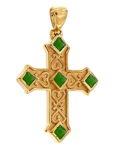 Mertzios.gr Σταυρός χρυσός 14 καράτια βυζαντινός με πράσινα ζιργκόν