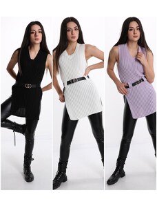 Rouxaki Μπλουζοφόρεμα πλεκτό με σκίσιμο στα πλαϊνά+Ζώνη - μαύρο - One Size