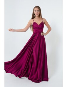 Lafaba Γυναικείο Μακρύ Σατέν Βραδινό &; Prom Φόρεμα με Λουράκια Σχοινιού Δαμάσκηνου και Ζώνη Μέσης