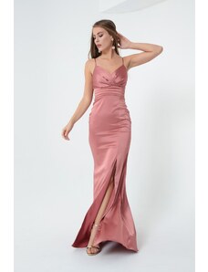 Lafaba γυναικεία λουράκια σολομού και ένα σχισμένο μακρύ σατέν βραδινό φόρεμα Prom Prom.