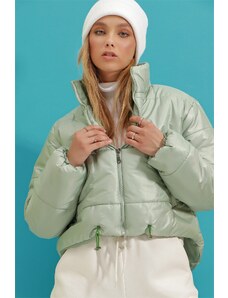 Trend Alaçatı Stili Γυναικείο Mint Stand Collar Double Pocketed Φουσκωτό Puffer Παλτό με Ελαστική Μέση