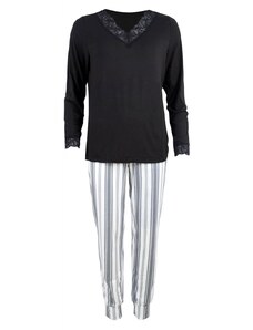 gsecret Γυναικεία πιτζάμα διακοσμητική δαντέλα παντελόνι με ρίγες. Ηοmewear Collection ΜΑΥΡΟ