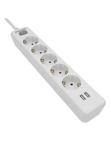 PHILIPS πολύπριζο SPN3052WA, 5x schuko 16A, 2x USB 2.4A, 2m, λευκό