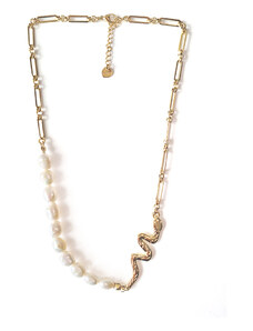 Ατσάλινο Κολιέ, αλυσίδα με μαργαριτάρι και φίδι σε χρώμα Χρυσαφί, Μήκος 40cm, 2112-417X | Karma Fashion