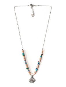 Ατσάλινο Κολιέ, αλυσίδα και πολύχρωμες χάντρες με κοχύλι σε χρώμα Ασημί, Μήκος 40cm, 2112-416A | Karma Fashion