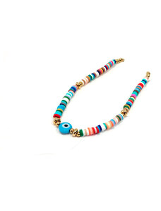 Ατσάλινο Βραχιόλι Ποδιού, με πολύχρωμες χάντρες και με μάτι σε χρώμα Χρυσαφί, 2112-310X | Karma Fashion