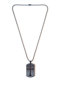 Ανδρικό Ατσάλινο Κολιέ, αλυσίδα στρατιωτική με πλακέτα σταυρό, Μαύρο, 2112-015 | Karma Fashion