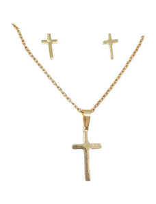 Ατσάλινο Κολιέ, σταυρός με σκουλαρίκια, Μήκος 40cm, Χρυσαφί, 2012-255X | Karma Fashion