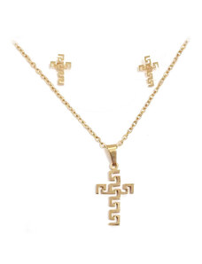 Ατσάλινο Κολιέ, σταυρός με σκουλαρίκια, Μήκος 40cm, Χρυσαφί, 2012-254X | Karma Fashion