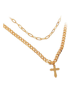 Κολιέ Ατσάλι 304, διπλή αλυσίδα με σταυρό, Μήκος 40cm, Χρυσαφί, 2012-052X | Karma Fashion