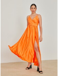 FN Fashion Φόρεμα Μακρύ Σατέν Με Άνοιγμα Πορτοκαλί OS