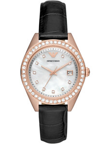 EMPORIO ARMANI Leo Crystals - AR11505, Rose Gold case with Black Leather Strap