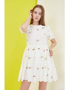Trendyol Ecru Straight Cut Mini Woven Lined Floral Embroidery Woven Dress