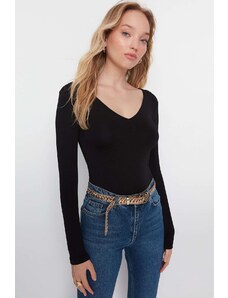 Trendyol Black Decollete V-Neck Flexible Snaps Knitted Bodysuit