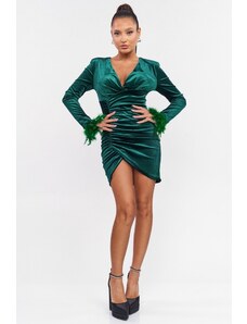 DeCoro Φόρεμα Mini Velvet με Πούπουλα και Σούρες - ΚΥΠΑΡΙΣΣΙ