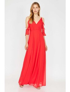 Koton Γυναικείο Κόκκινο V-Neck Μανίκι Λεπτομερές Βολάν Λεπτομερές Maxi Φόρεμα