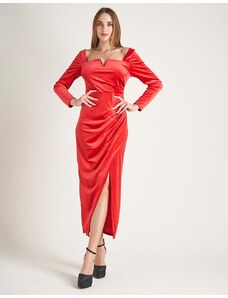 INSHOES Μακρύ velvet φόρεμα με σκίσιμο στο πλάι Κόκκινο