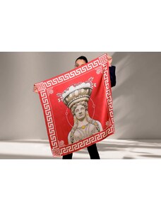 Ancient Greek Scarves Red large square silk scarf with Caryatid