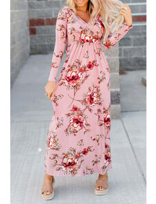 AMELY:ροζ φλοράλ μάξι κρουαζέ φόρεμα με V ντεκολτέ HUI