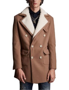 STEFAN Ανδρικό κάμελ παλτό, γούνινο γιακά, τσέπες, κλείσιμο με κουμπιά 7507., Χρώμα Καφέ, Μέγεθος 54