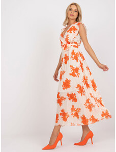 Fashionhunters Μπεζ και πορτοκαλί μακρύ πλισέ φόρεμα με στάμπες