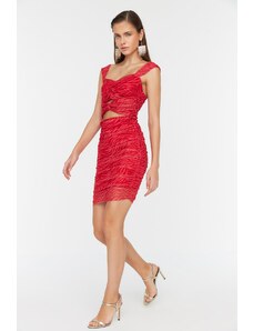 Trendyol Κόκκινο- Πολύχρωμο Σούφρα Λεπτομερές Φόρεμα