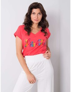 Fashionhunters Κοραλί T-shirt με πολύχρωμο τύπωμα