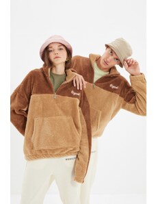 Trendyol Camel Unisex Oversize/Wide-Fit Color Block Minimal Embroidery Warm Plush Sweatshirt