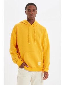Trendyol Basic Yellow Oversize/Wide-Fit Hooded Labeled Fleece Inner Sweatshirt
