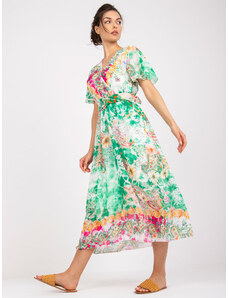 Fashionhunters Πράσινο μίντι φόρεμα με στάμπα και κοντά μανίκια