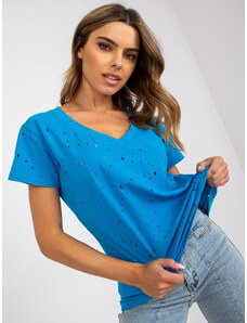 Fashionhunters Μπλε μονόχρωμο βαμβακερό μπλουζάκι