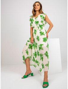 Fashionhunters Μακρύ, μπεζ και πράσινο φόρεμα με στάμπες και ζώνη