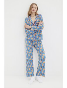 Trendyol Blue 100% Cotton Christmas Themed Knitted Pajama Set