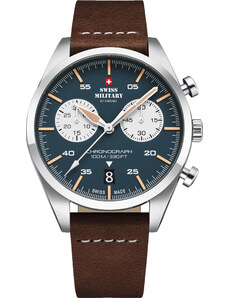 SWISS MILITARY by CHRONO Chronograph - SM34090.04 Silver case with Brown Leather Strap