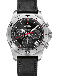 SWISS MILITARY by CHRONO Solar Chronograph- SMS34072.04 Silver case with Black Leather Strap