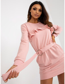 Fashionhunters Ανοιχτό ροζ φούτερ μίνι φόρεμα με βολάν και ζώνη