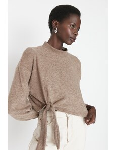 Trendyol Brown Brushed Camisole Tie Detail Loose Crop Knitted Sweatshirt