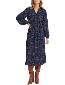 FRANSA Γυναικείο μπλέ πουά midi φλοράλ φόρεμα 20611641-200119, Χρώμα Μπλε Σκούρο, Μέγεθος L