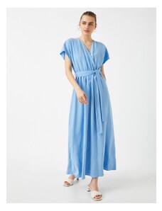 Koton Γυναικείο ΡΟΖ ΡΙΓΕ μακρύ φόρεμα με ζώνη V-λαιμόκοψη κοντά μανίκια