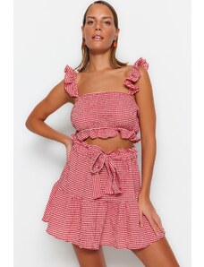 Trendyol Gingham Patterned Woven Ruffle Blouse and Skirt Set
