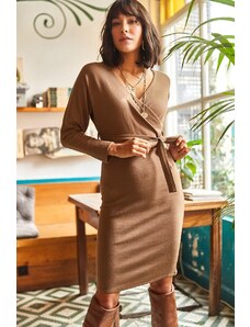 Olalook Women's Camel Double Breasted Belted Sweater Dress