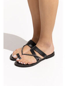 LOVEFASHIONPOINT Sandals Flat Γυναικεία Μαύρα Δερμάτινα-Ατσάλι Strass