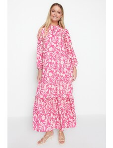 Trendyol Dark Pink Floral Half Patties With Frill Trim Lined Woven Dress